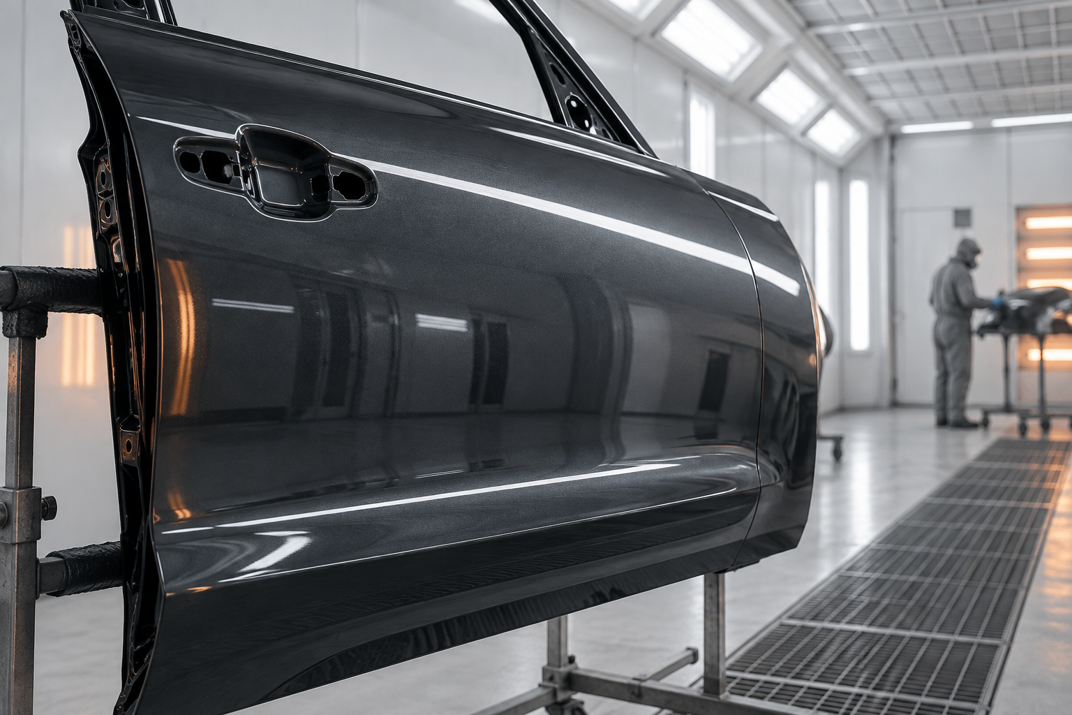 Generated visual study of a vehicle being refinished in a spray booth